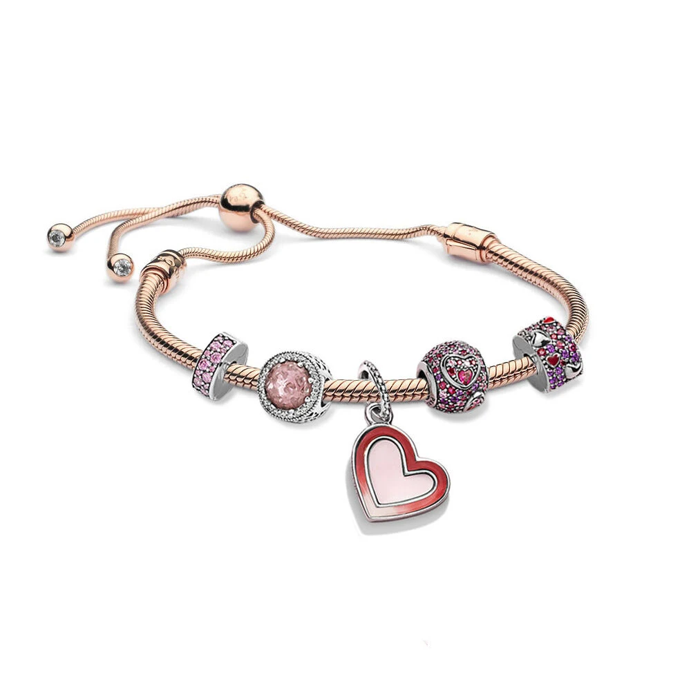 

Kaliyah Store High Quality Original 1:1 100% 925 Pure Silver Zt399-1 Rose Gold Pink Clasp Bead Heart Shrink Bracelet Gift First