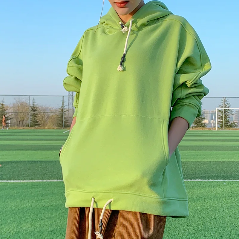 pea green Женская Повседневная однотонная толстовка с капюшоном и карманом, Женский пуловер с длинным рукавом, зимняя Толстовка Harajuku, теплые женские толстовки, свитшоты - Цвет: pea green