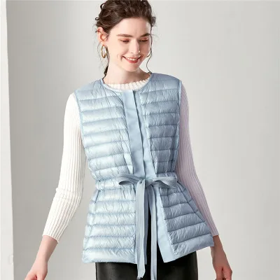 Небесно-голубой ZYFPGS Sleeveless Coat for Women New Warm Belt Design Women's Ultra Light Duck Down Vest Winter Down Vest Grey Jacket - Цвет: Небесно-голубой