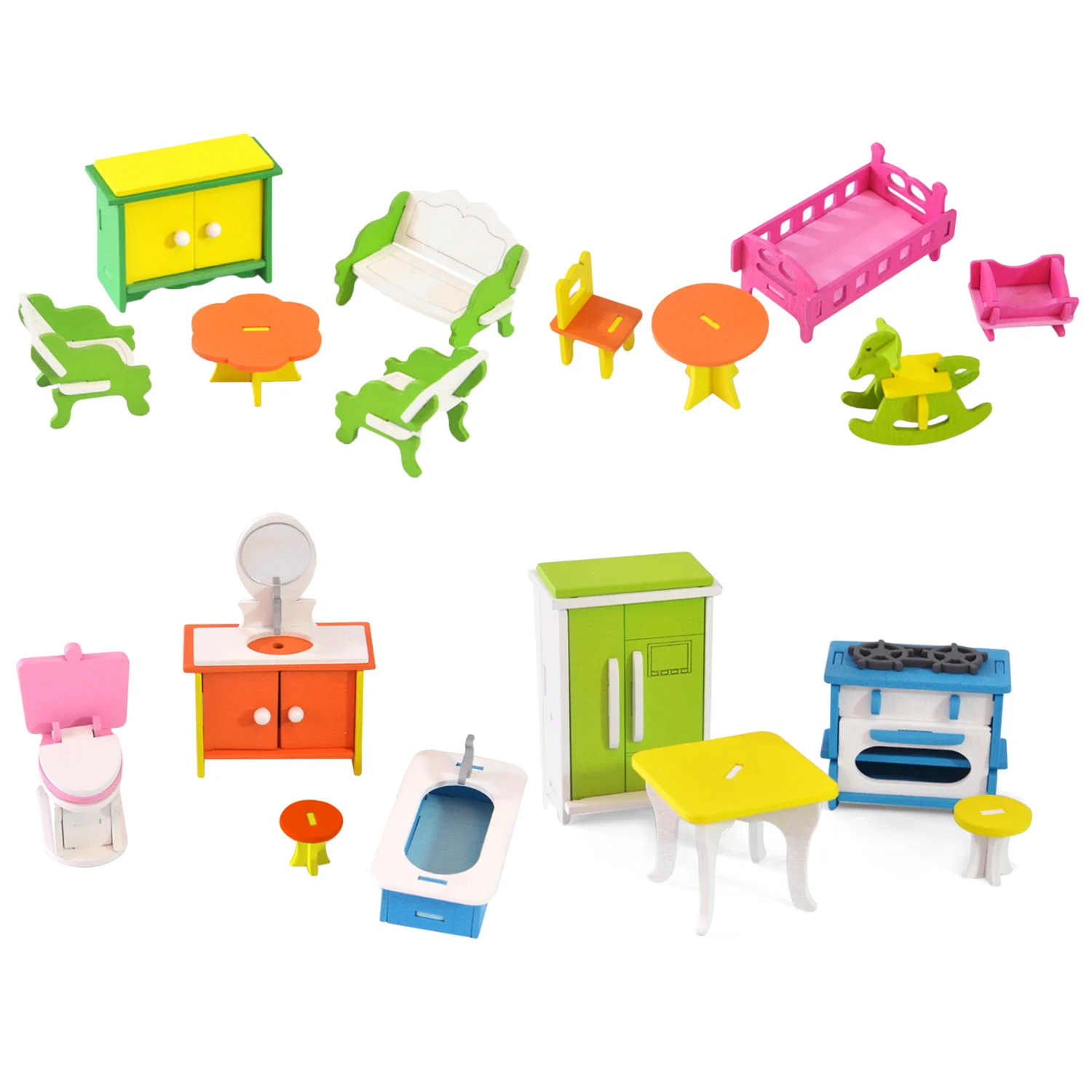 4Set Wooden DIY Assemble Furniture Toy Set Kitchen Bathroom Living Room Bedroom Toy for Kids Pretend Play Game Doll House Supply