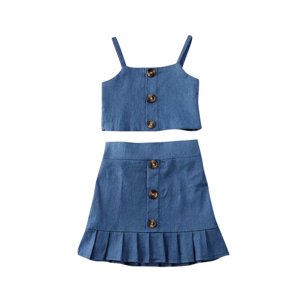 TELOTUNY New Toddler Baby Girls Suspender Pure Color Tank Tops Button Skirt Two Piece Suit Clothes Children Summer Set Outfits46