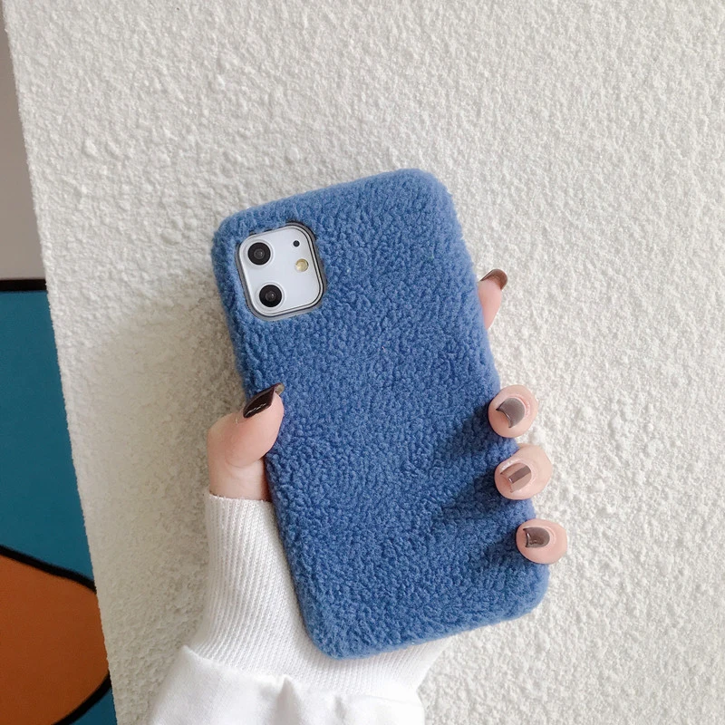Blue Теплый пушистый овечья шерсть чехол для телефона для iphone 11 Pro Max XR X XS Max 6 6s 7 8 plus задняя крышка Роскошный милый простой мягкий чехол s Funda - Цвет: Blue