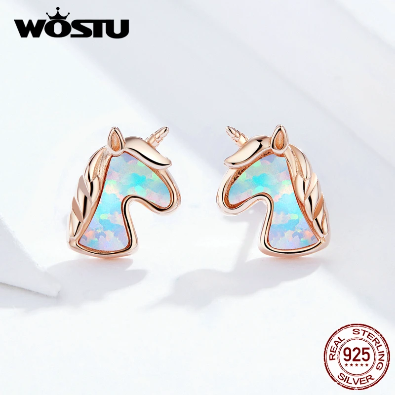 WOSTU 925 пробы серебряные серьги-гвоздики с опалом и единорогом из розового золота для женщин Свадебные модные ювелирные изделия Новое поступление CQE815-C