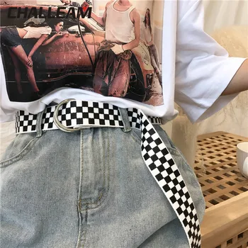 

Ladies Checkerboard Belt Casual Ladies Pants Jeans Canvas Check Belt Belt Black White Checkered Double D Buckle Long Belt 357