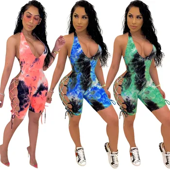 

2020 Women Tie-dye Halter Short Jumpsuit Sexy Clubwear Hollow Out Backless Romper Pants Tie dye Playsuits