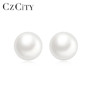 

CZCITY Simple Real Natural Pearl 925 Sterling Silver Stud Earrings for Women 2020 Wedding Dating Round-Shape Fine jewelry FE0314