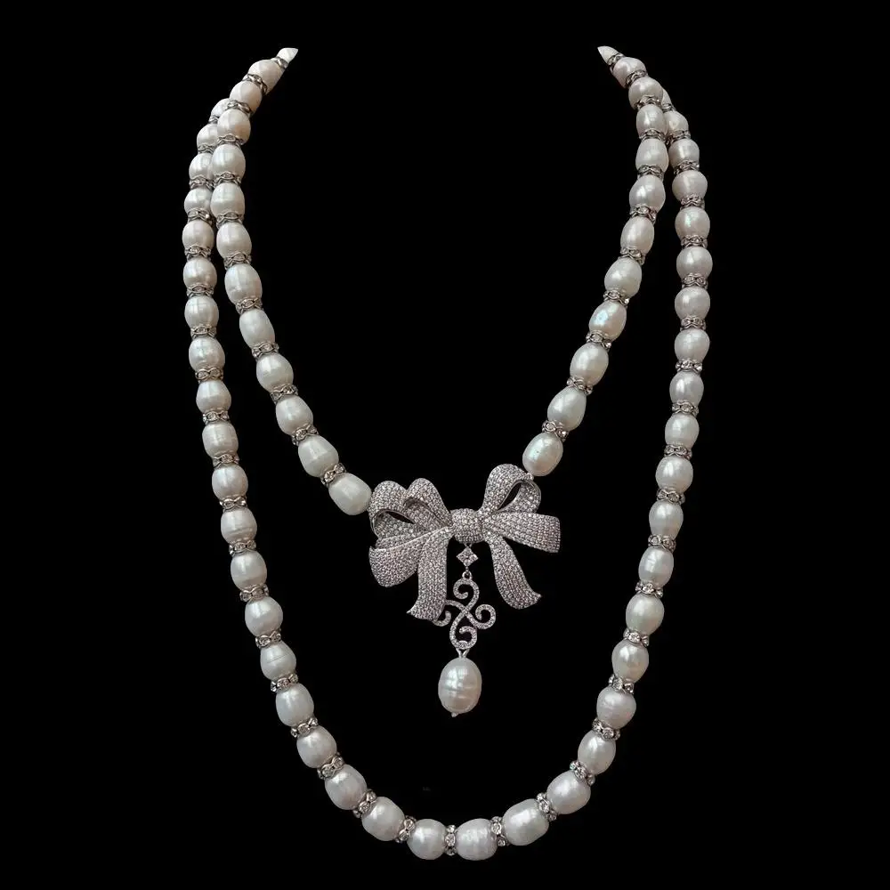 

Y·YING 2 Rows Freshwater Cultured White Rice Pearl Necklace Bowknot Cubic Zirconia Pave Pendant 18"