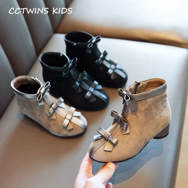 CCTWINS/детская обувь; коллекция года; Сезон Зима; Детские модные короткие ботинки с бабочкой для маленьких принцесс; брендовые черные теплые ботинки для девочек