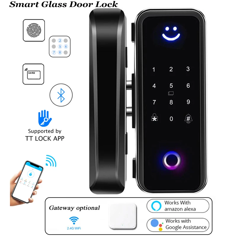 Cerradura de puerta de vidrio Bluetooth Gateway Wifi TTLock huella Contraseña de bloqueo Digital Alexa Google de madera inteligente cerradura de la puerta