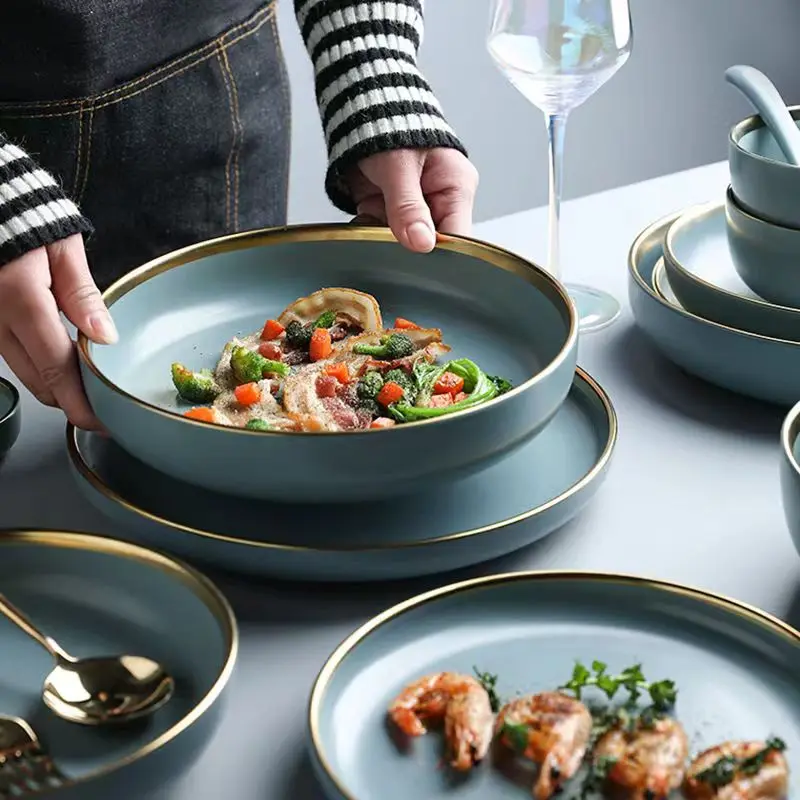 Blue Matte Gilt Rim Ceramic Tableware Set with Spoon Cereals Bowl Dessert Plate Steak Plate for Dinner Gift Plates And Bowls Set