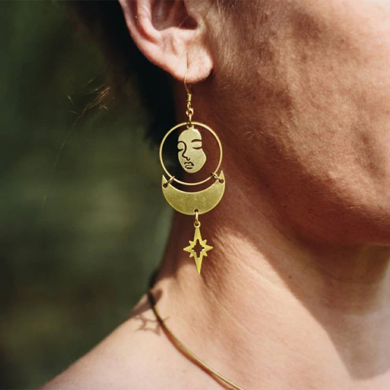 Pendientes de cara, Luna y Estrella, pendientes de aro grandes con abstractas, pendientes de arte Pop, joyería Celestial, pendientes de diosa| Pendientes con forma de gota| - AliExpress