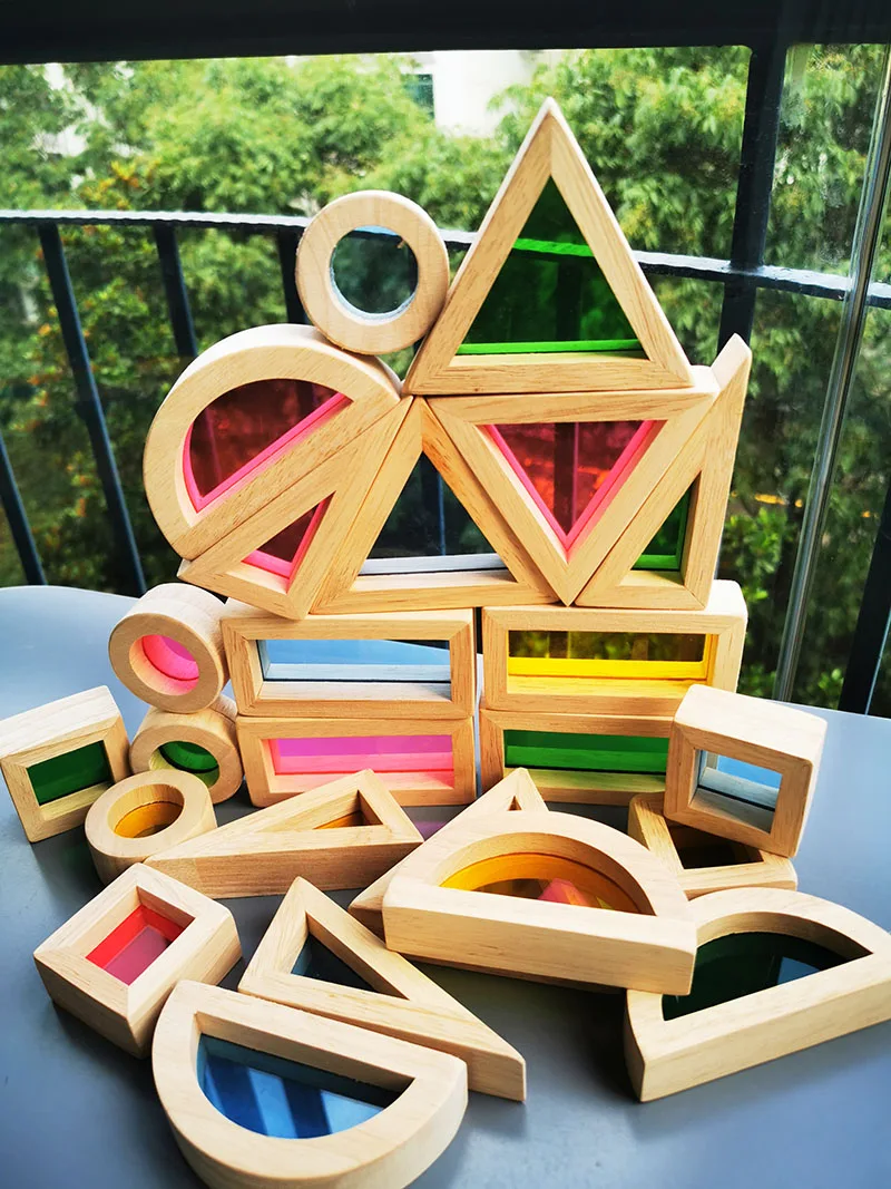 KidsMontessoriWoodenToySensoryRainbowMirrorBlocksSolidRubberWoodStackingAcrylic