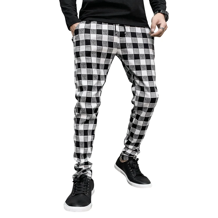 New Men's Fashion Slim Trousers Comfortable Plaid Black White Casual Pencil pants M-XXL