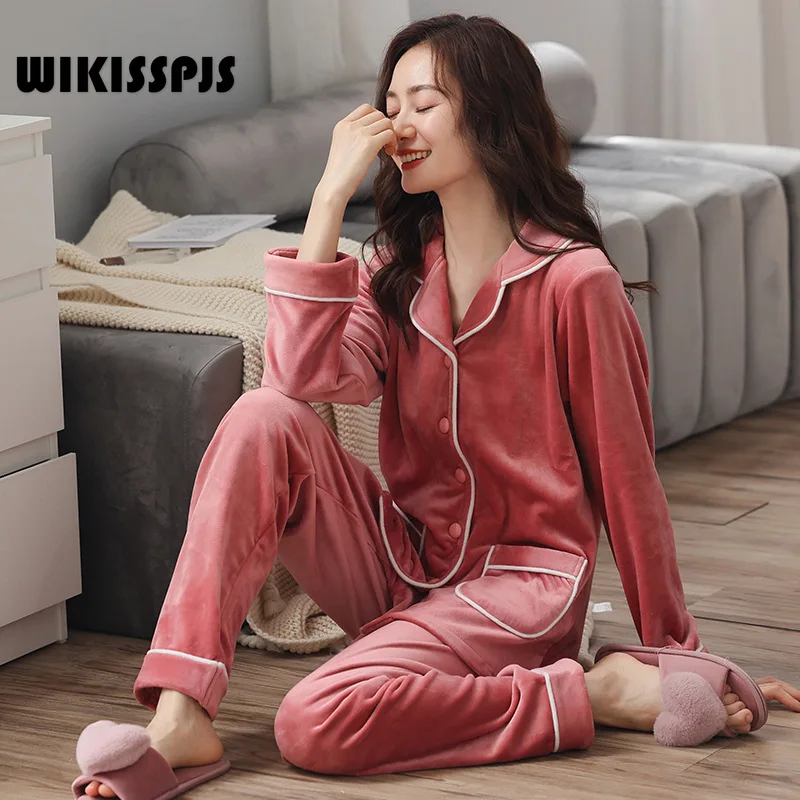 

WIKISSPJS Winter Women's Island Velvet Home Clothes Set Elegant Noble Pajamas Skin Warming Two Piece Set Lounge Wear Sleepwear