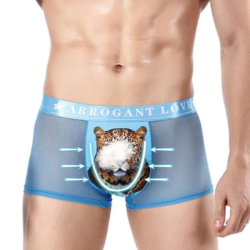 Light Blue Леопардовые боксеры с принтом, сексуальные сетчатые прозрачные дышащие мужские трусы-боксеры, нижнее белье с животными, летние мужские стильные трусы, новинка - Цвет: Light Blue