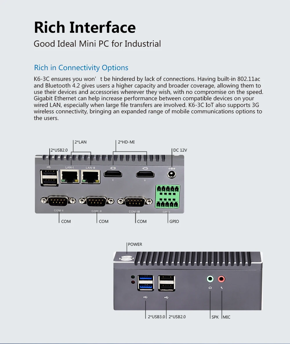 K6-3C безвентиляторный N2940 четырехъядерный промышленный IoT компьютер 1* GPIO 3* RS232 COM 2* RJ45 LAN 2* HDMI 6* USB wifi 4K мини-ПК Windows Linux