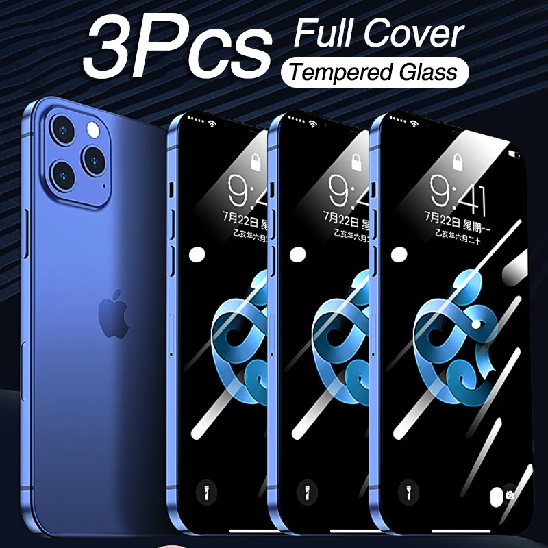 3PCS Full Cover Protective Glass on For iPhone 11 12 pro Screen Protector Tempered Glass on iPhone X XR XS 8 5 7 6 Curved Glass afbeelding