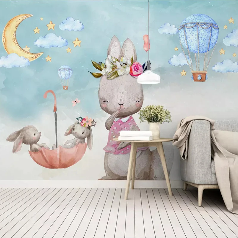 Custom Wall Mural 3D Hand Painted Cartoon Bunny Balloon Children Room Kids Room Bedroom Decoration Photo Wallpaper Home Decor