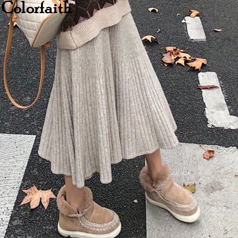Colorfaith, женские юбки на осень и зиму, вязаная теплая посылка, в стиле хип-хоп, миди, элегантный минималистичный стиль, свободные женские юбки, SK5740