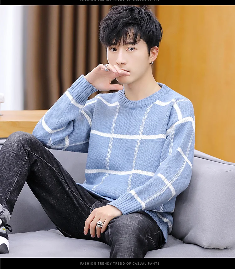 Plaid Sweater Men's Slim Warm Fashion Contrast Color Casual Knit Sweater Man Streetwear Wild Long-sleeved Pullover Men Clothes