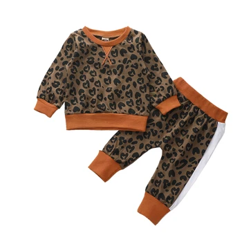 

2 Pcs Newborn Boy Girl 0-24M Leopard Outfits Infant Long Sleeve Round Neck Pullover Color Black Trousers Casual Style Tracksuit