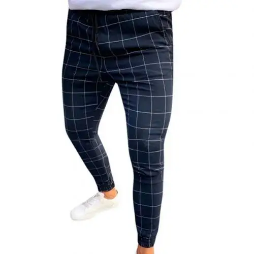Pantalon chandal hombre Модные мужские эластичные повседневные узкие брюки в клетку с принтом на завязках спортивные штаны - Цвет: Черный