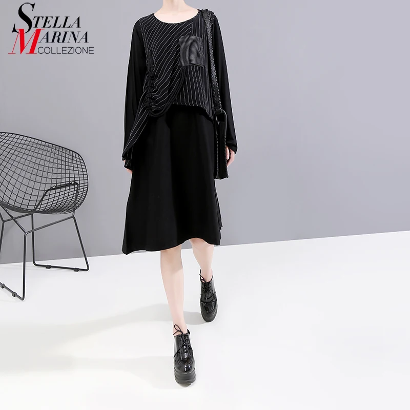 

* New 2019 Long Sleeve Women Autumn Two Pieces Set Black Straight Dress & Striped Vest Long Sleeve Lady Midi Dress vestidos 5450