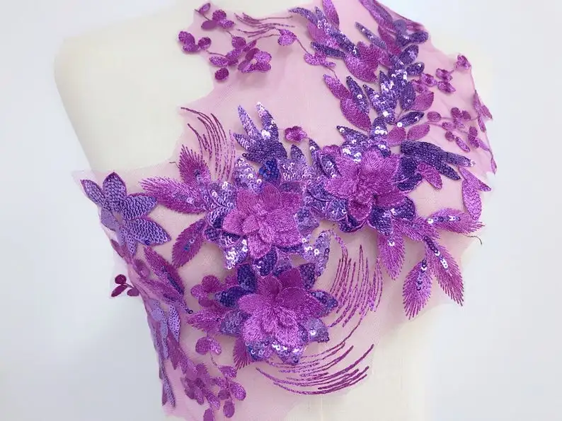 Purple Dark Green Applique Sequins Embroidery 3D Flower Lace Applique Trim Dress Fabrics DIY Material for Weddings Lace - Цвет: Purple
