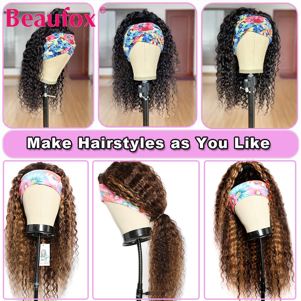 Beaufox Water Wave Headband Wig Human Hair Wigs For Black Women Brazilian Scarf Machine Made Wig Highlight Curly Human Hair Wig 4