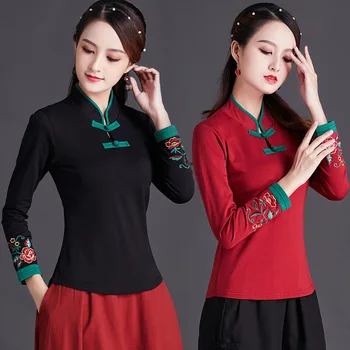 

Chinese style plate buckle stand collar top women's autumn retro embroidery national style embroidered large bottomed T-shirt