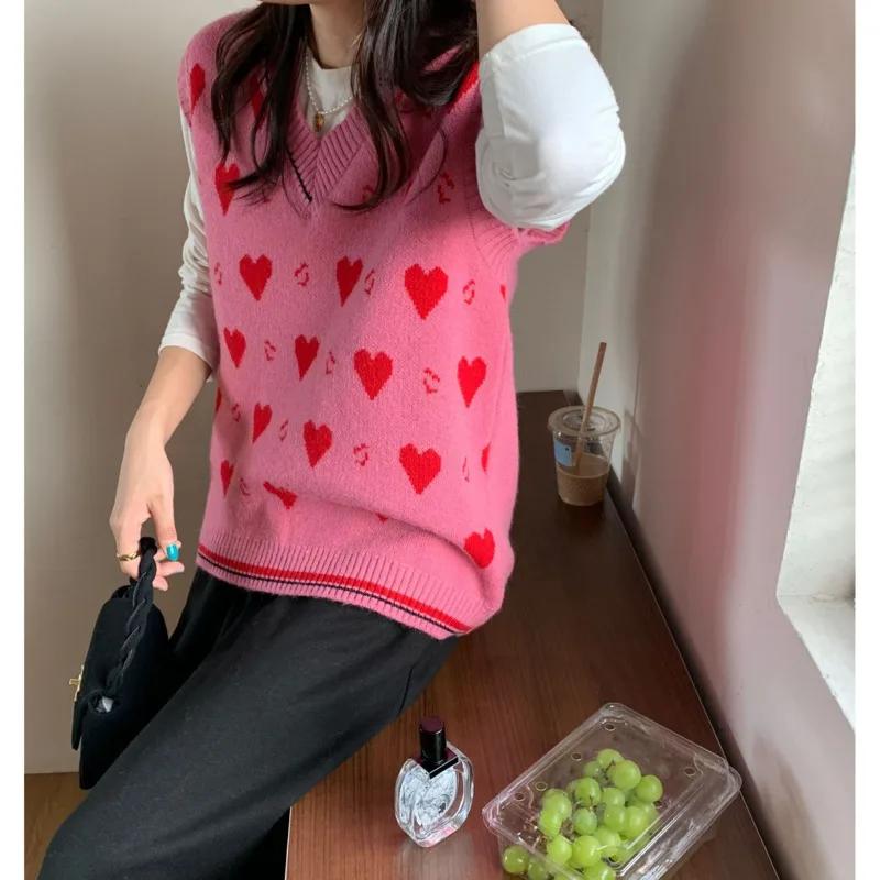 

The New Autumn And Winter Women's Knitted Vest Wear A Chic Printed Color Loose Knitted Vest Top Qn*