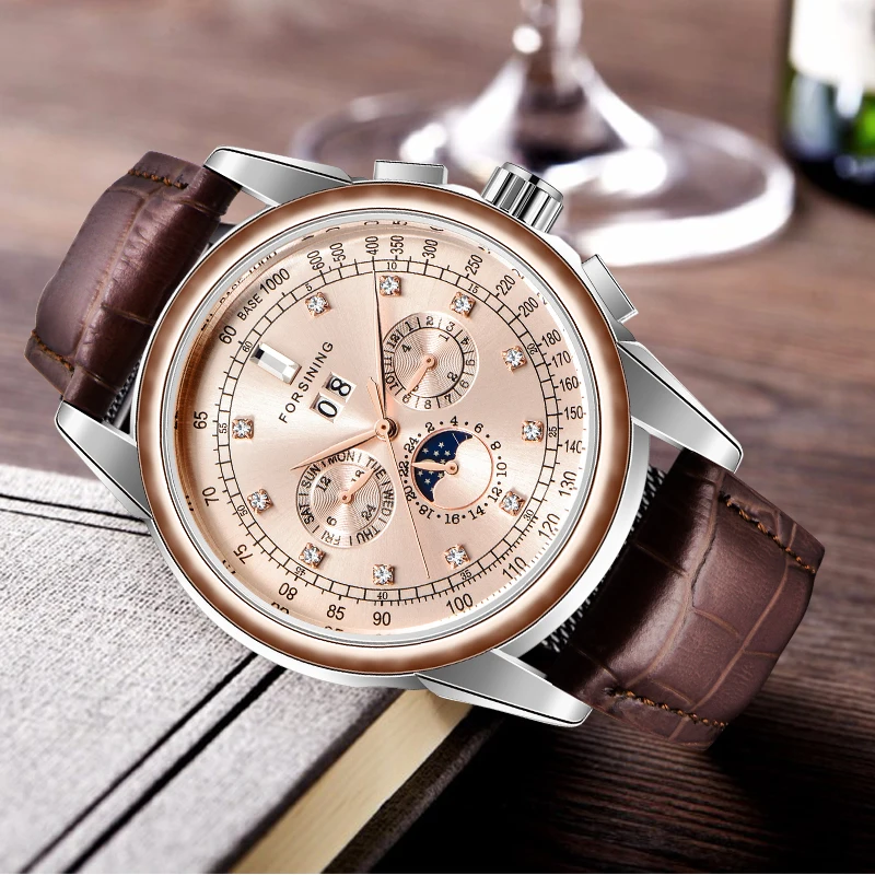 Роскошные мужские автоматические часы FORSINING Rose Golden, фаза Луны, календарь, дизайнерские часы, Лидирующий бренд, мужские наручные часы, Прямая поставка