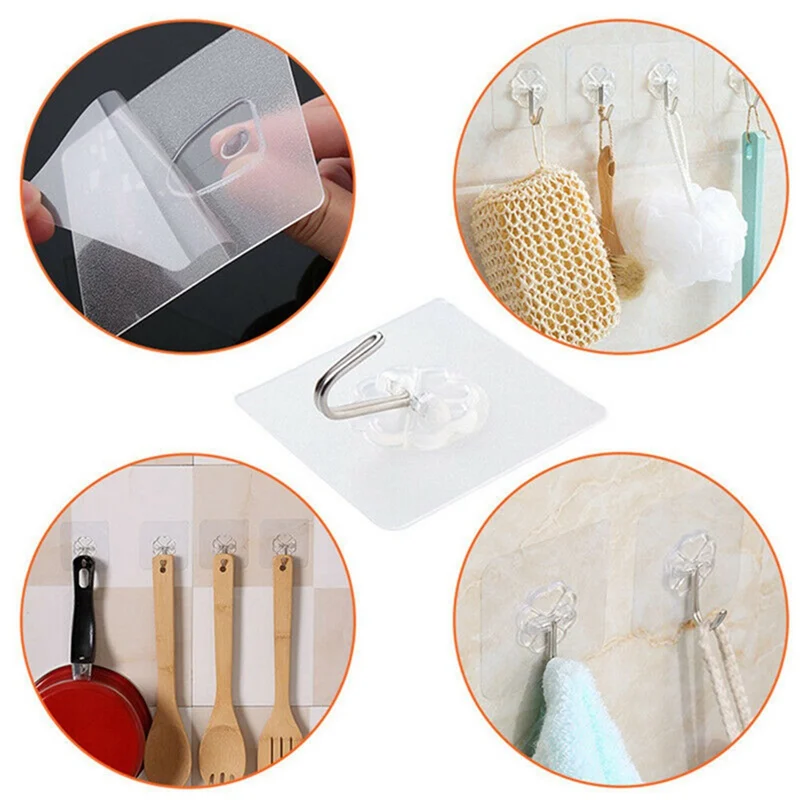 10/6PCS Hook Strong Transparent Suction Wall Sucker Hanger Waterproof Adhesive Heavy Load Rack Stainless Steel Hook Cabide