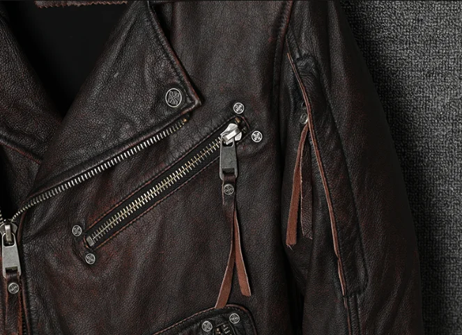 Mens Vintage Genuine Leather  Jacket 100% Cowhide Motorcycle Biker Coat Punk Rock Zipper Real Leather Moto Riders Jackets men's genuine leather coats & jackets with hood