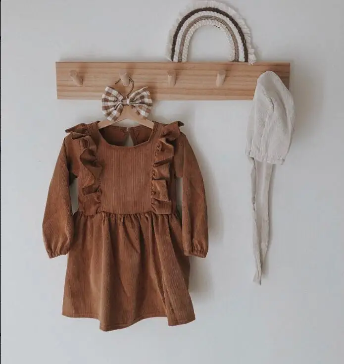 Новинка года, осеннее платье для малышей в европейском и американском стиле зимнее вельветовое хлопковое платье с рюшами для девочек милое платье для девочек#5377 - Цвет: brown