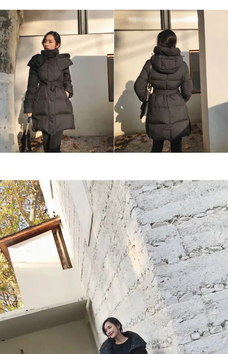 Dongdaemun, стиль, yao dai kuan, пуховик, женский, средней длины, приталенный, белый утиный пух, плотное пальто с капюшоном