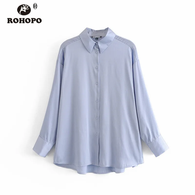 ROHOPO небесно-голубая блузка с длинными рукавами, осенняя блуза с круглым краем, высокая низкая длина, расклешенный подол, Однотонный женский топ, рубашка#2238