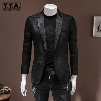

Brand Men Blazer Embroidery Slim Single Button Suit Jacket Autumn Party Wedding Business Black Blazer Short Coats Plus Size