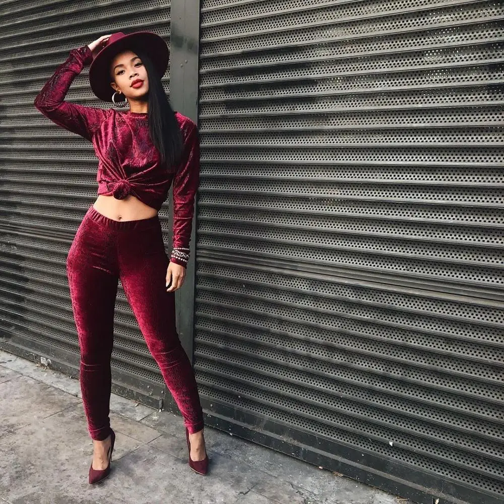 

Echoine Velvet Two piece set Top and Pants Two piece Set Green Red Sexy Skinny Bodycon Women Jogging Set Club Outfits