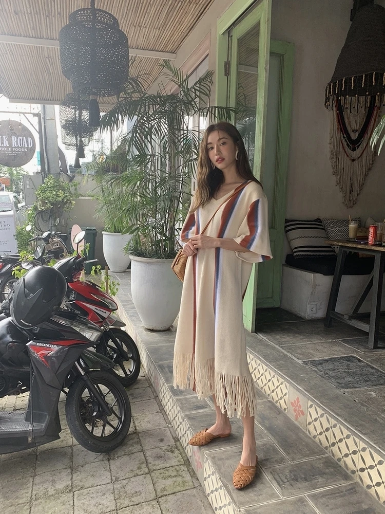 Корейский стиль, женское платье, хлопок, v-образный вырез, лето, новинка, с кисточками, женское платье, половина рукава, модная женская одежда XX042