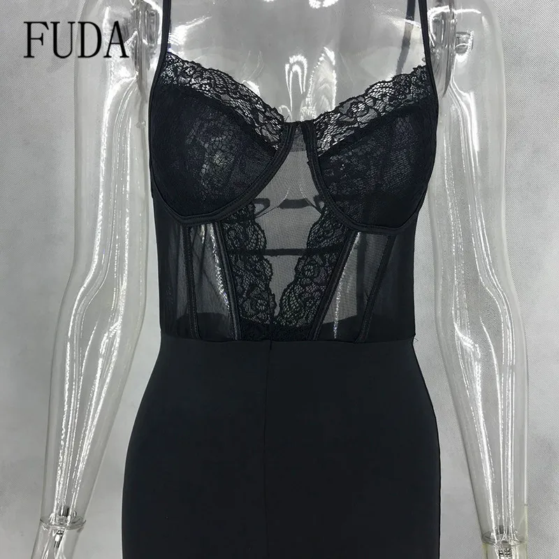 Сексуальное Кружевное боди FUDA, женский комбинезон с открытой спиной, черный облегающий комбинезон, элегантные обтягивающие вечерние боди для клуба, короткие комбинезоны