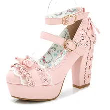 Туфли в стиле Лолиты; вечерние туфли; милые японские туфли на высоком каблуке и платформе с кружевным бантом; милые женские туфли принцессы в винтажном стиле