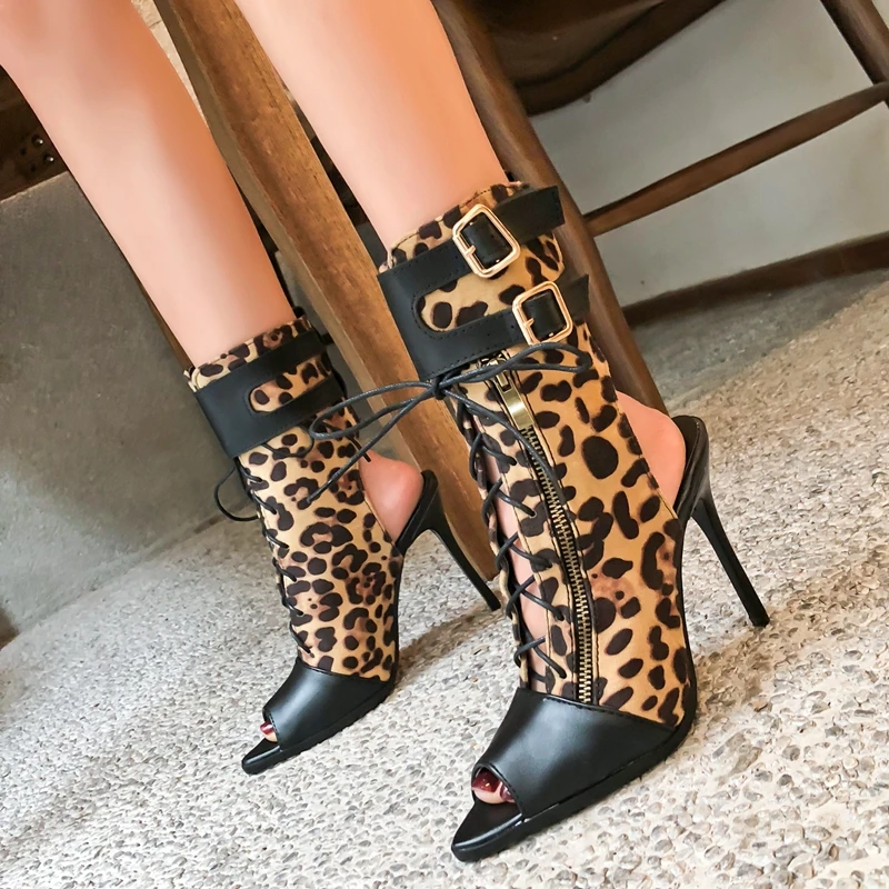 

DiJiGirls Sexy Pointed Toe Boots Faux Suede Open Toe Shoes Buckle High Boots Spring Autumn Women Shoes Big Size Sandals Leopard