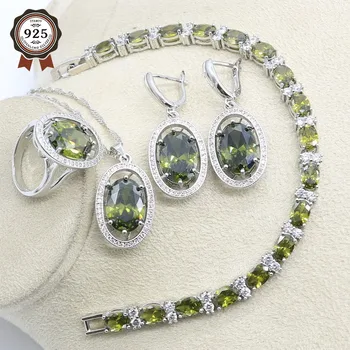 通販 シルバー 925 ウェディングジュエリーオリーブペリドットホワイトトパーズジュエリーセット女性のためのブレスレットイヤリングネックレスペンダントリング