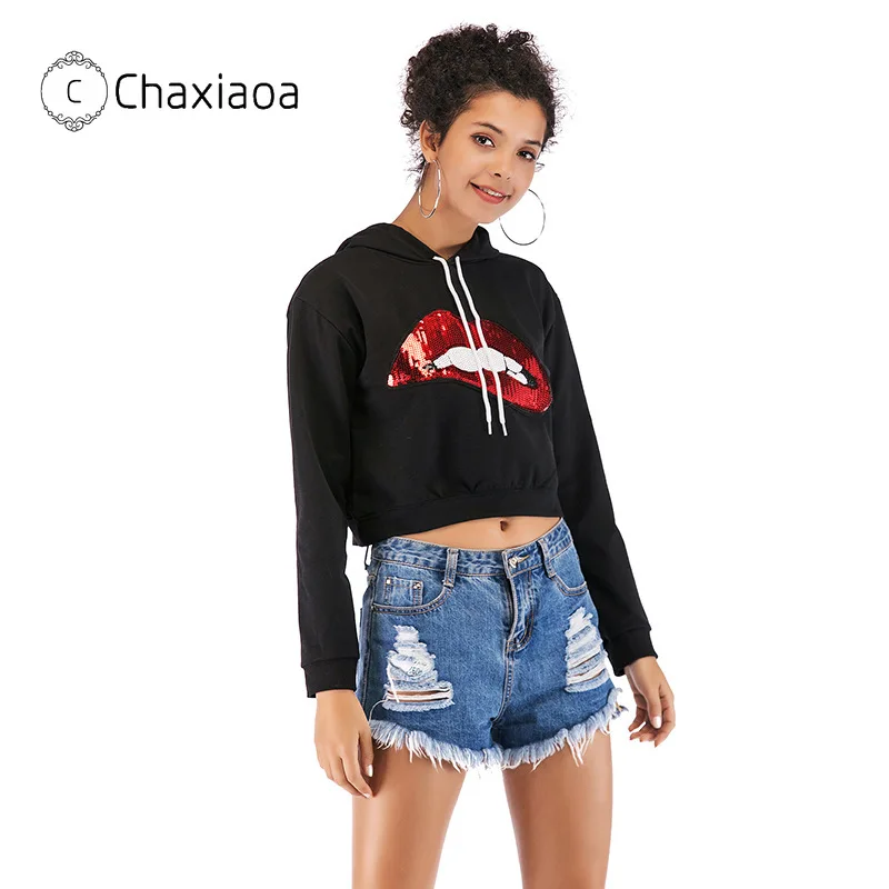 Женские толстовки с капюшоном CHAXIAOA укороченный топ принтом губ свитшоты