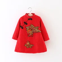 Детская одежда; сезон осень-зима; стиль; детское плотное платье принцессы с начесом для маленьких девочек; детский китайский костюм; кружевное платье Ципао