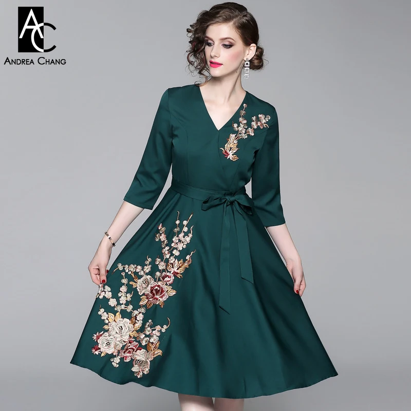 S-XXL spring autumn woman dress vintage floral pattern embroidery black dark bottle green with sash v-neck over knee | Женская одежда