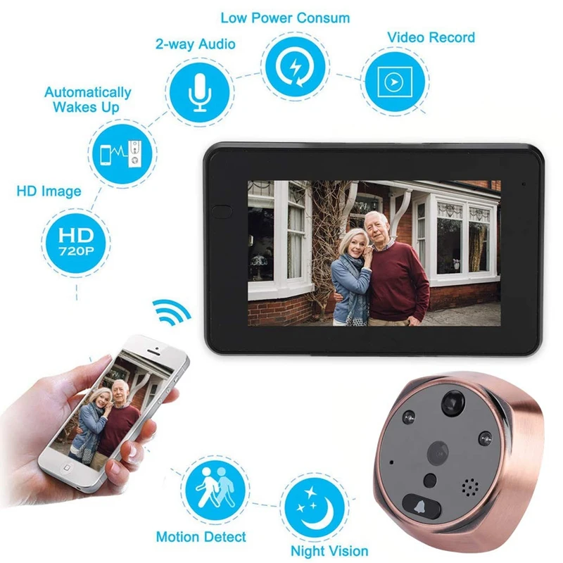 Wifi смарт электронный кошачий глаз видео дверной звонок Pir Обнаружение движения/инфракрасное ночное видение/мобильный удаленный мониторинг/опционально мульти