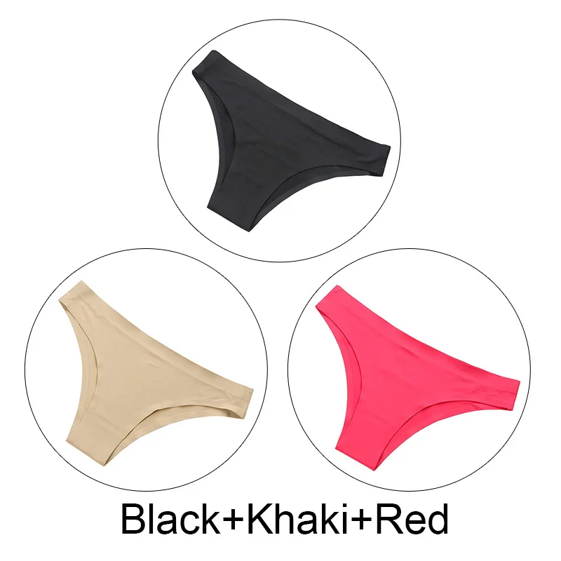 Black Khaki Red 3 шт./партия, бесшовные стринги, шелк льда, соблазнительные женские трусики, нижнее белье, стринги, однотонное нижнее белье, низкая посадка, большие размеры, трусы женские - Цвет: Black Khaki Red