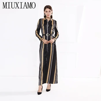 

Custom Plus Size Maxi Dress Spring&Fall New Arrival Full Sleeve Chain Print Loose Elegant Floor-Length Long Dress Women Belt